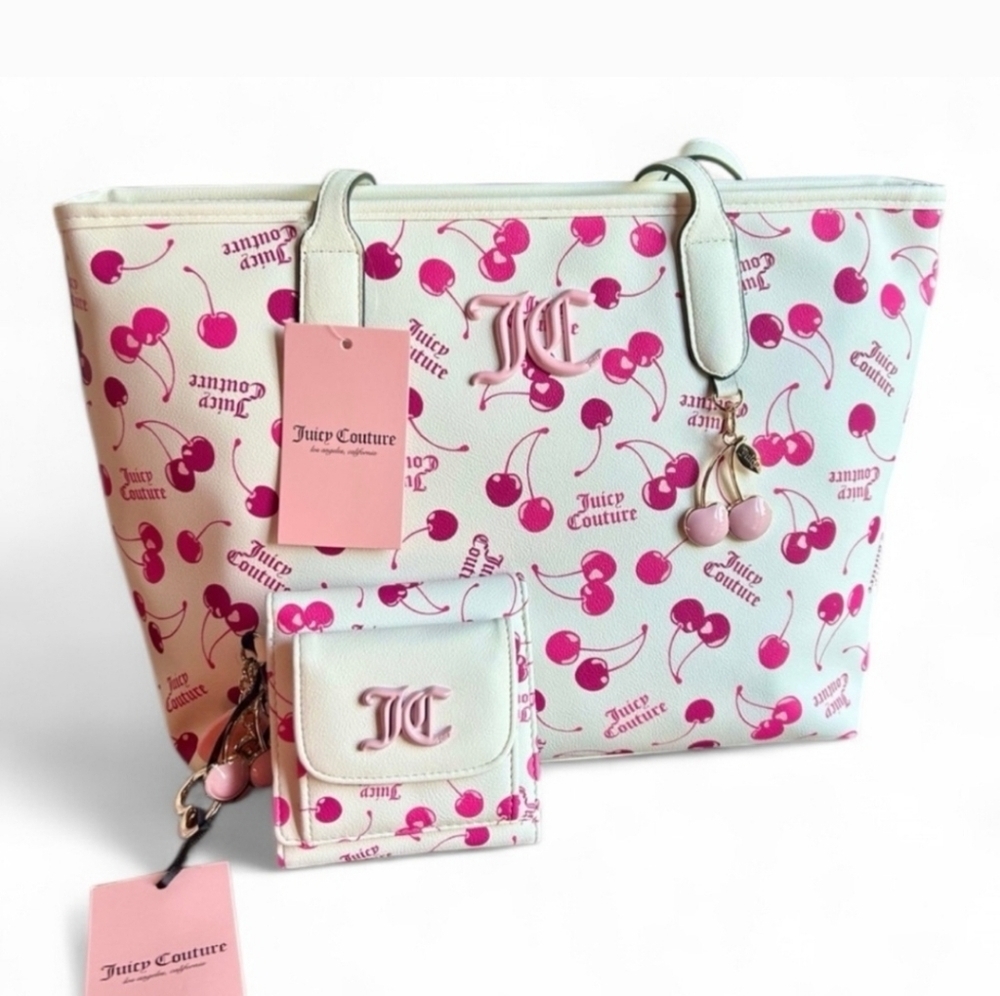 ❤️▪️Juicy Couture▪️Cherry On top Print White and Pink Cherry Tote Bag + Wallet